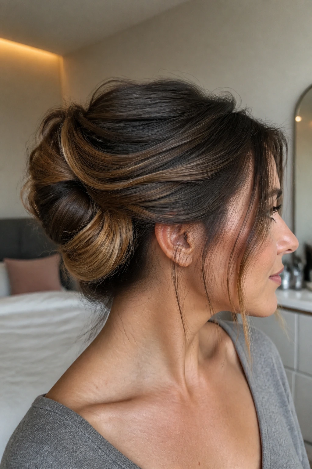 Close-up of a real woman with soft caramel peekaboo panels in an updo