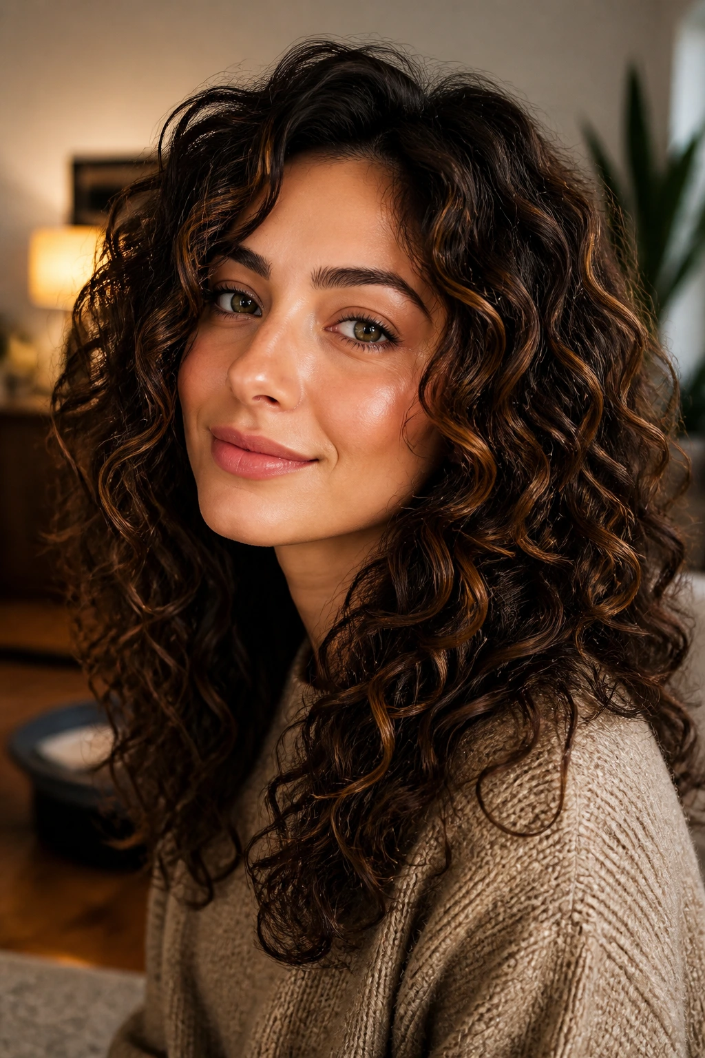 Close-up of a brunette with fine caramel ribbons woven through mid-length curls on olive skin