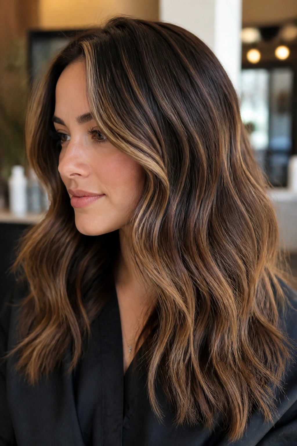 Close-up of brunette with caramel ribbons woven through the top layers.