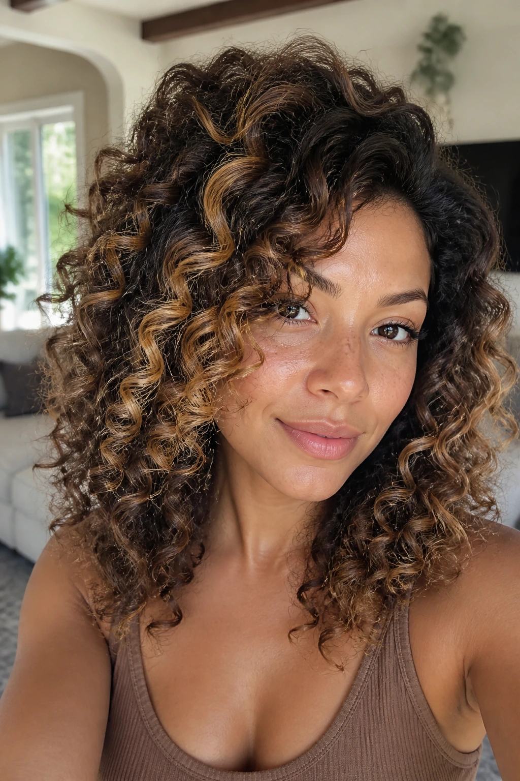 Close-up portrait of curly hair with soft caramel streaks