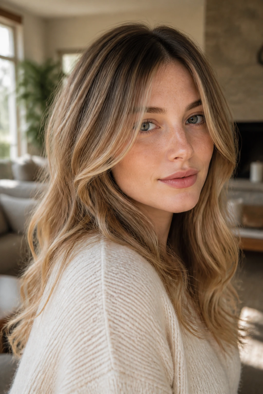 Real person with airy caramel veil highlights adding depth to pale hair