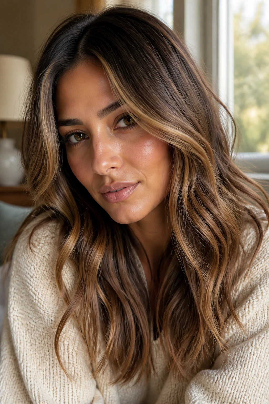 Close-up portrait of woman with soft caramel highlights in natural daylight wearing cream
