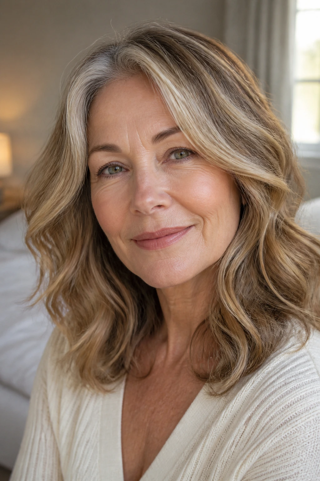 Portrait of a real woman with soft cascading waves and honey lowlights