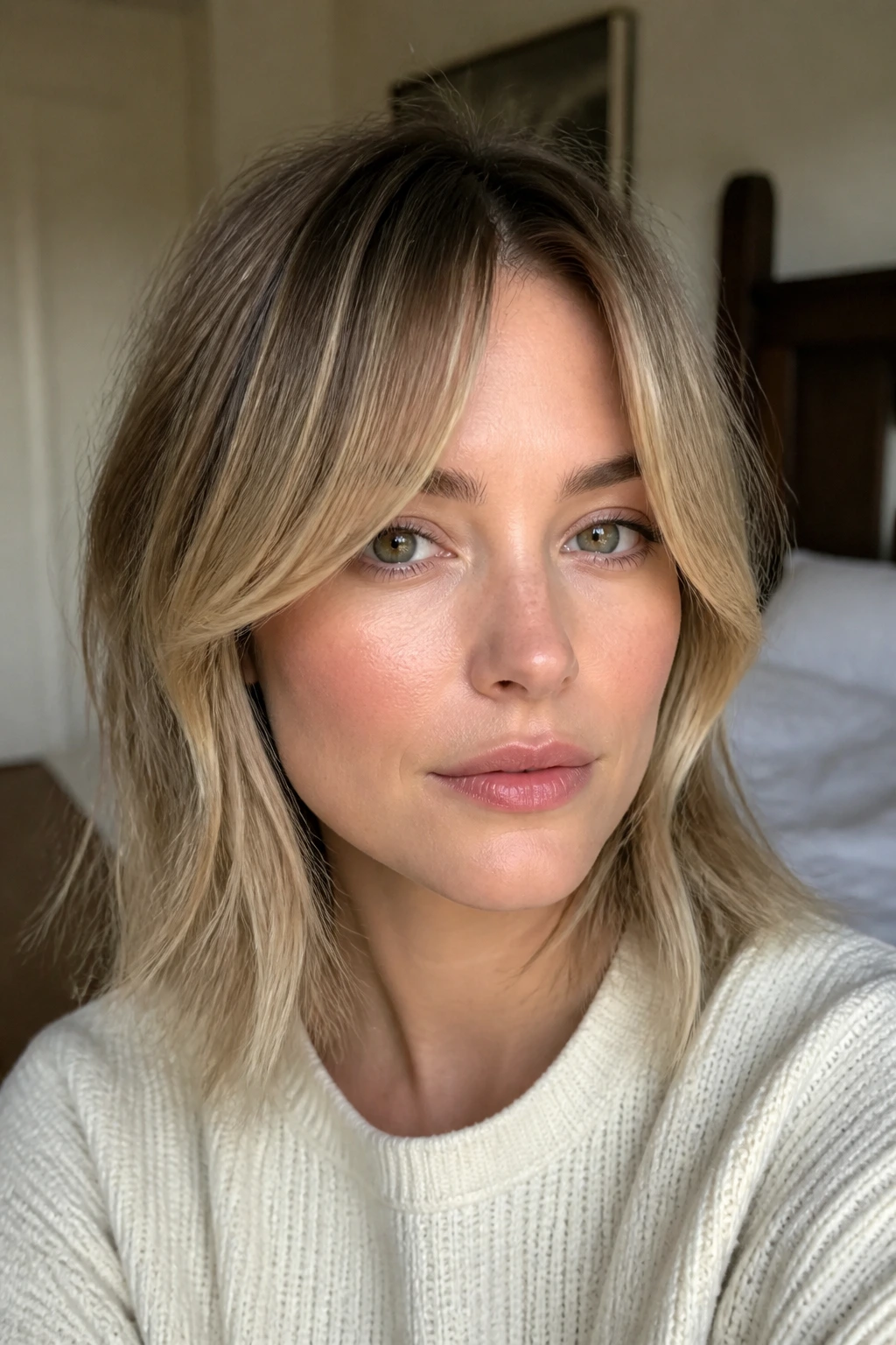 Close-up of a woman with soft center-part curtain bangs in natural window light
