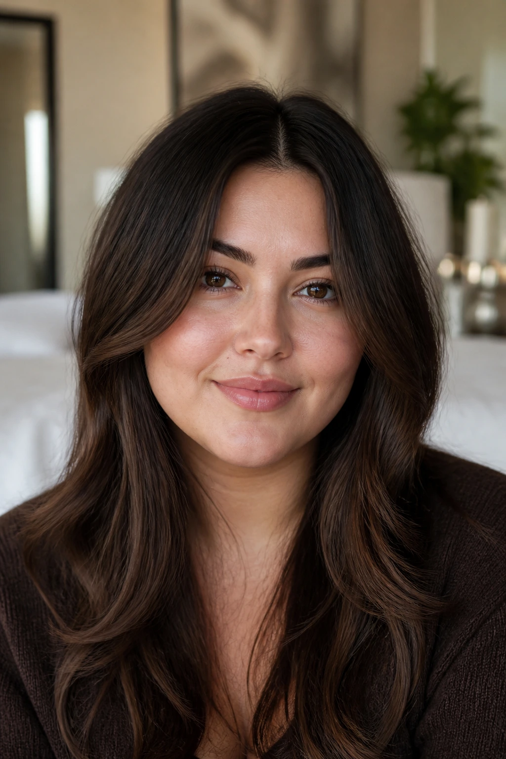 Portrait of a real person with soft-center face-framing layers in a center-part style.