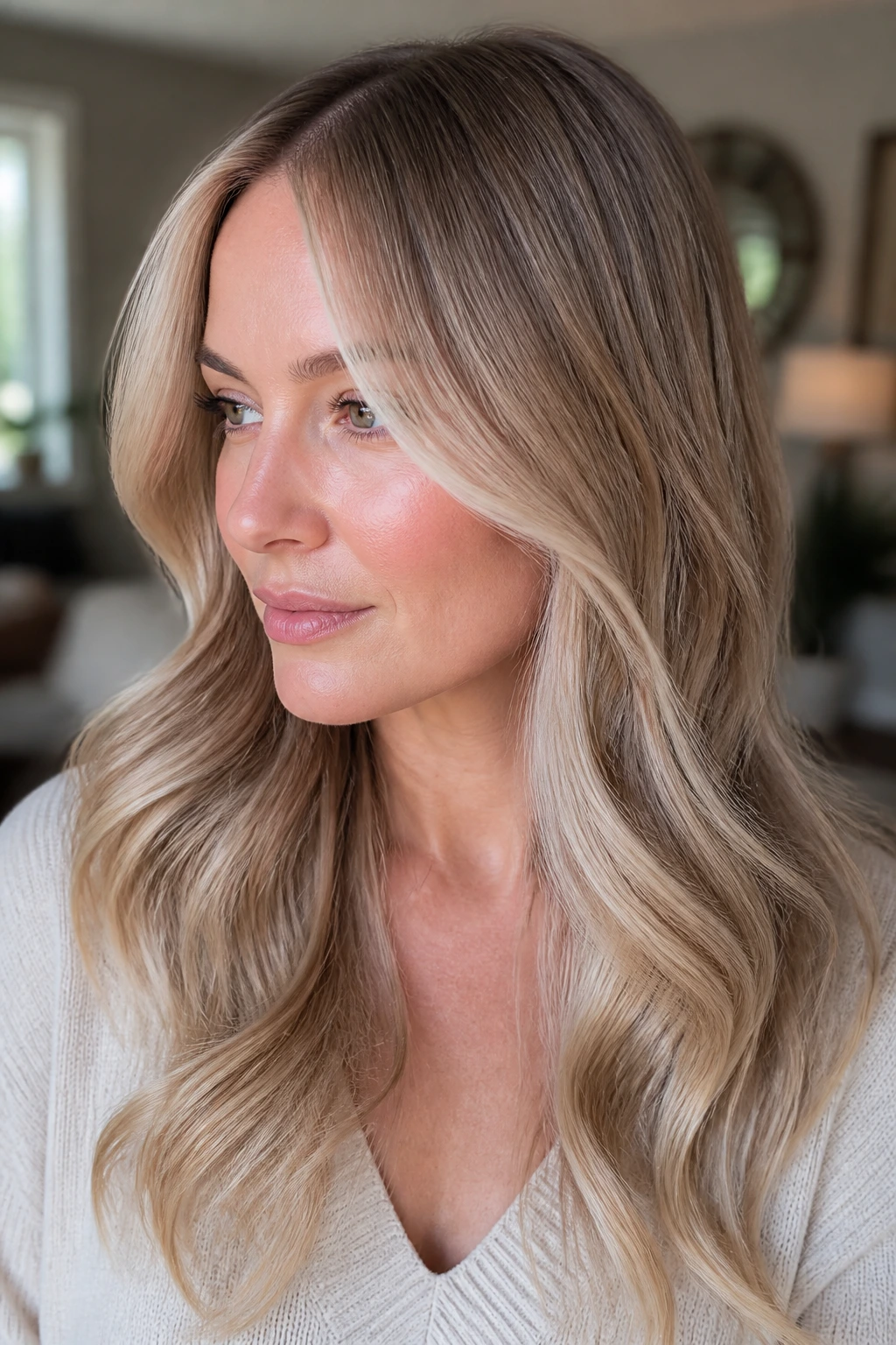 Close-up of soft champagne balayage on a real person under natural window light.