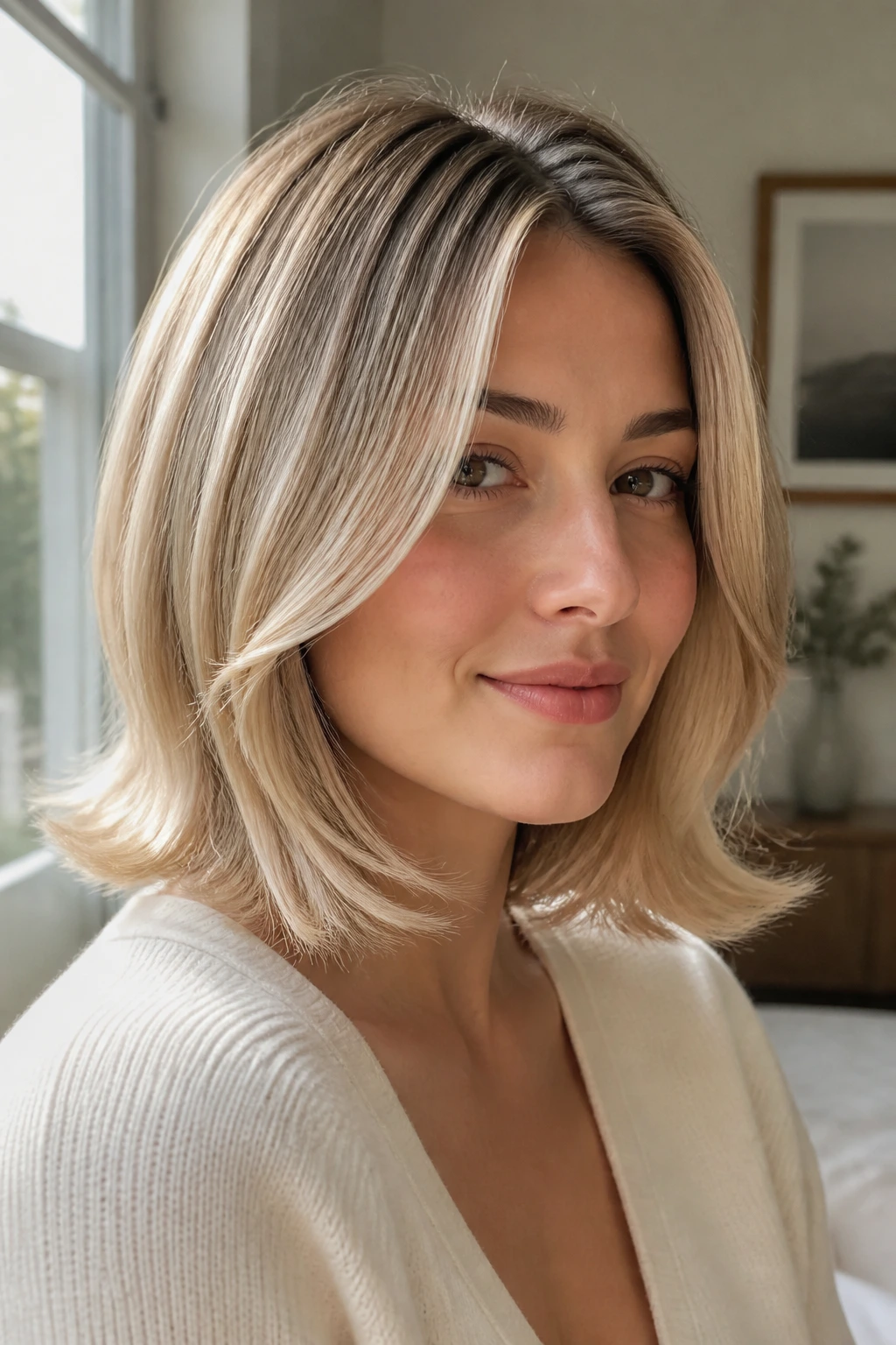 Close-up of a real woman with a soft champagne lob and flipped ends in natural light