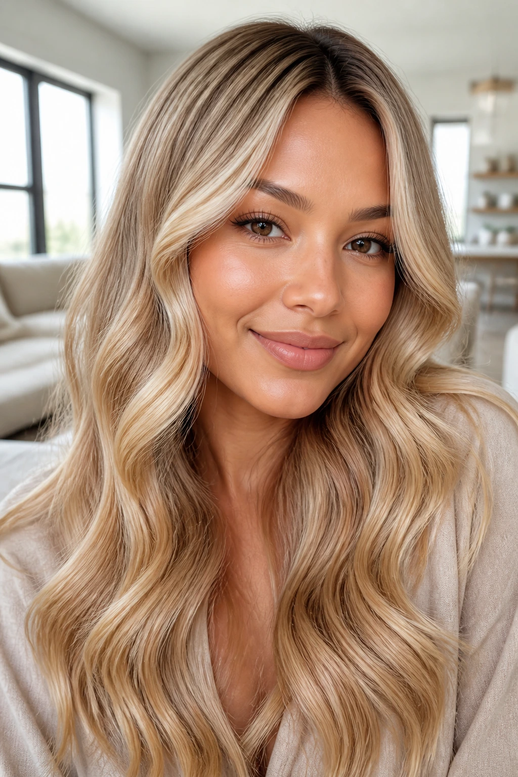 Close-up of real woman with soft champagne waves and natural shine