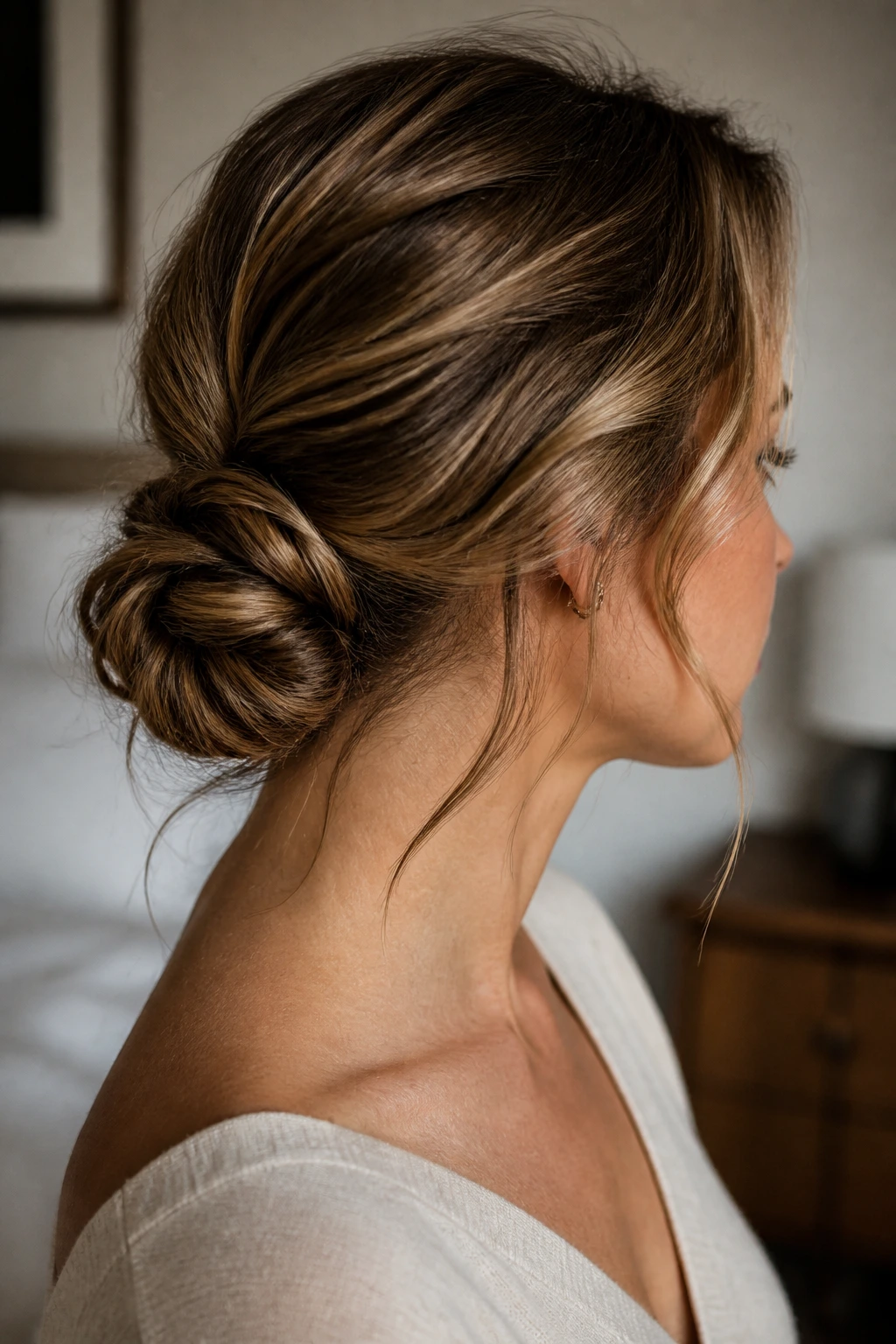 Close-up of a woman with a soft chignon and loosened edges