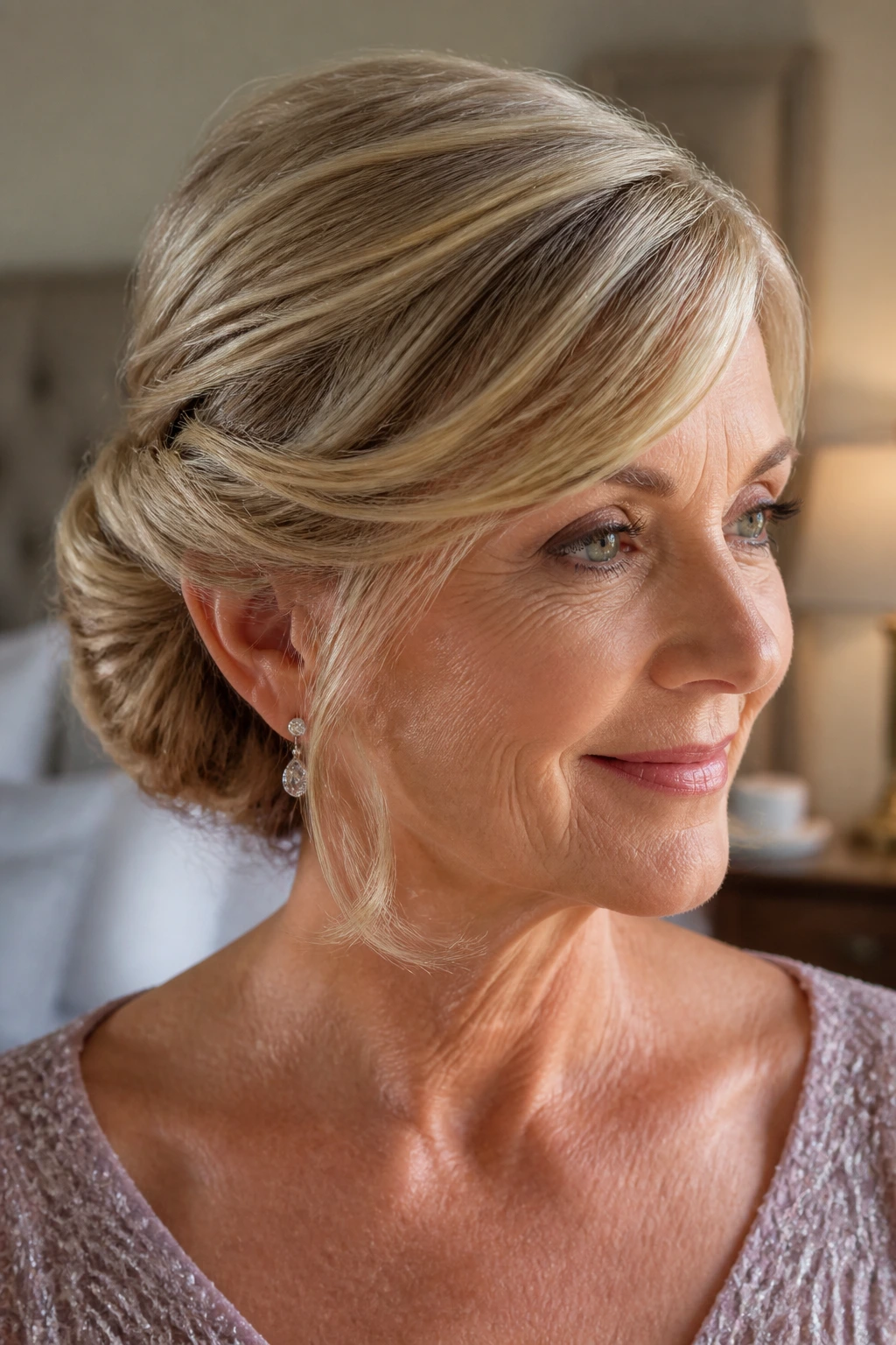 Close-up of a real woman with a soft low chignon and side sweep.