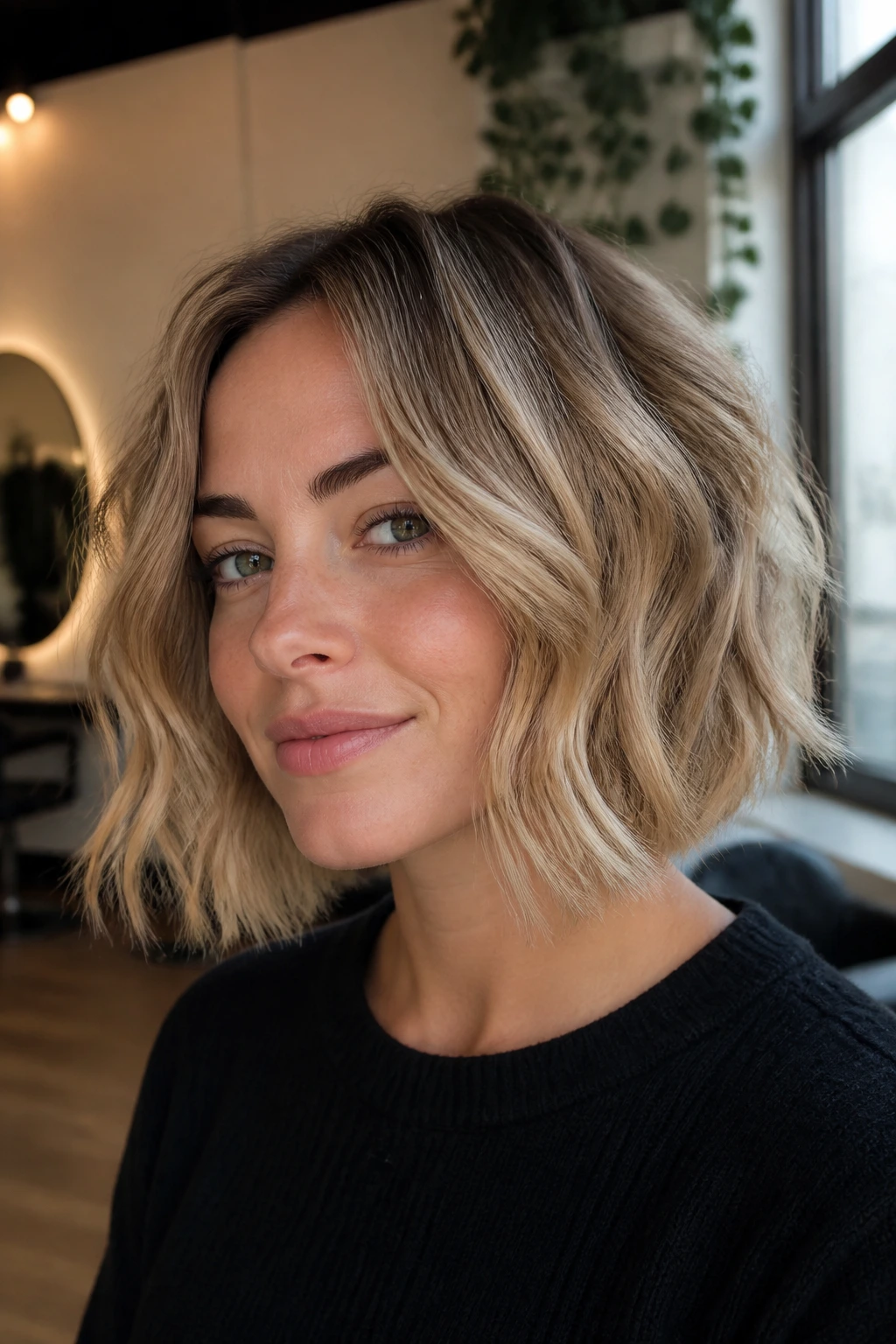 Close-up of a woman with a soft chin-length bob and loose waves