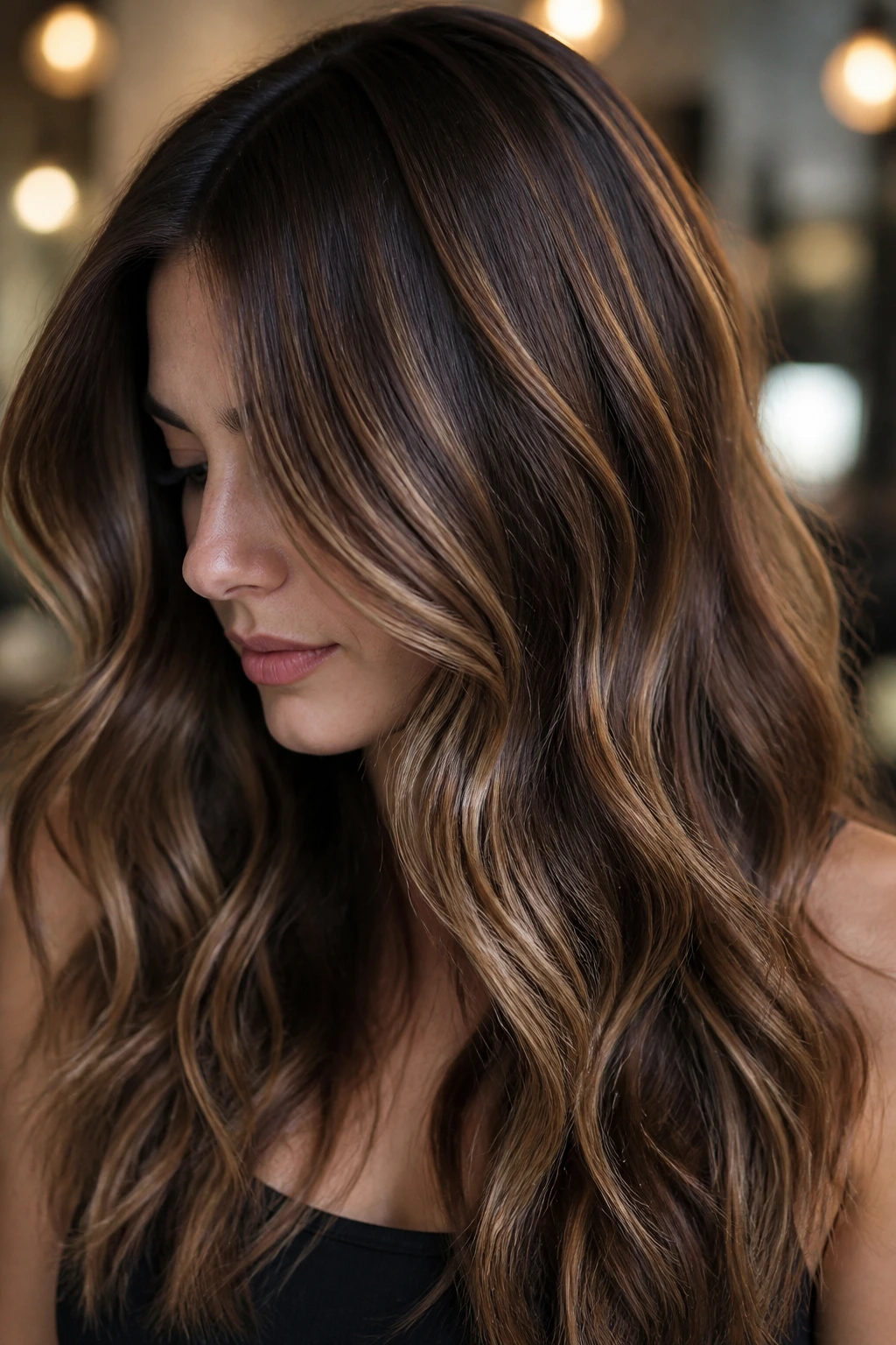 Hair showing deep chocolate base with caramel ribbons for a soft, non-striped look