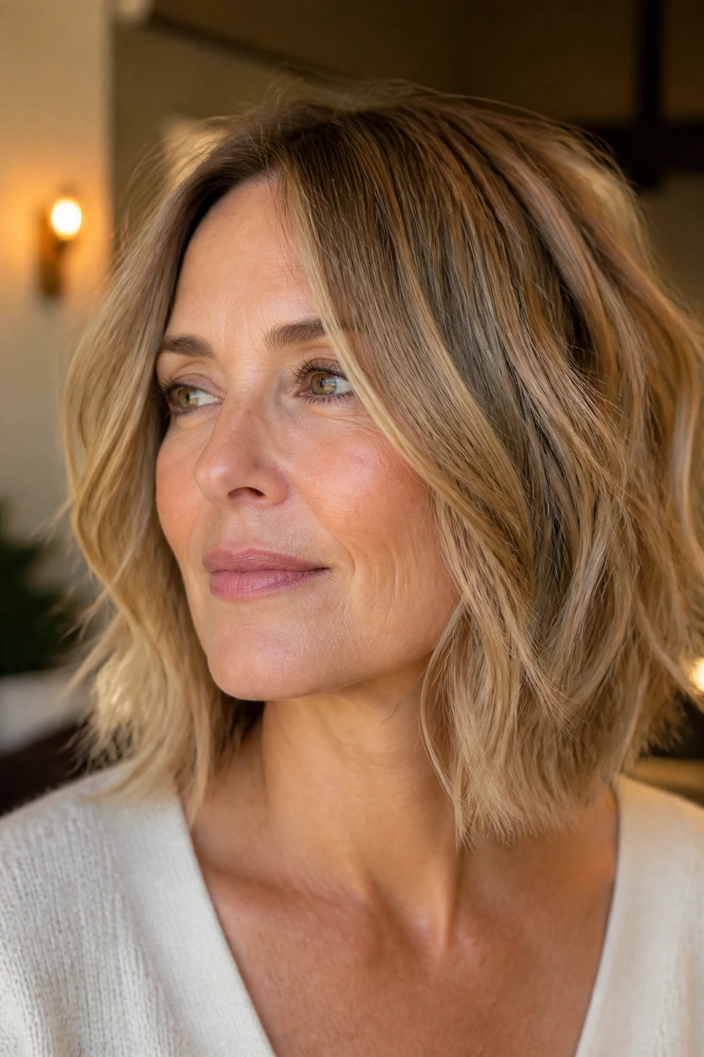 Close-up of a woman with a soft, textured lob and light chop at the ends.