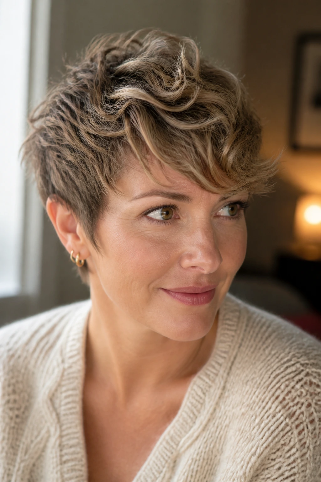 Close-up of a real woman with a soft choppy pixie and side-swept fringe