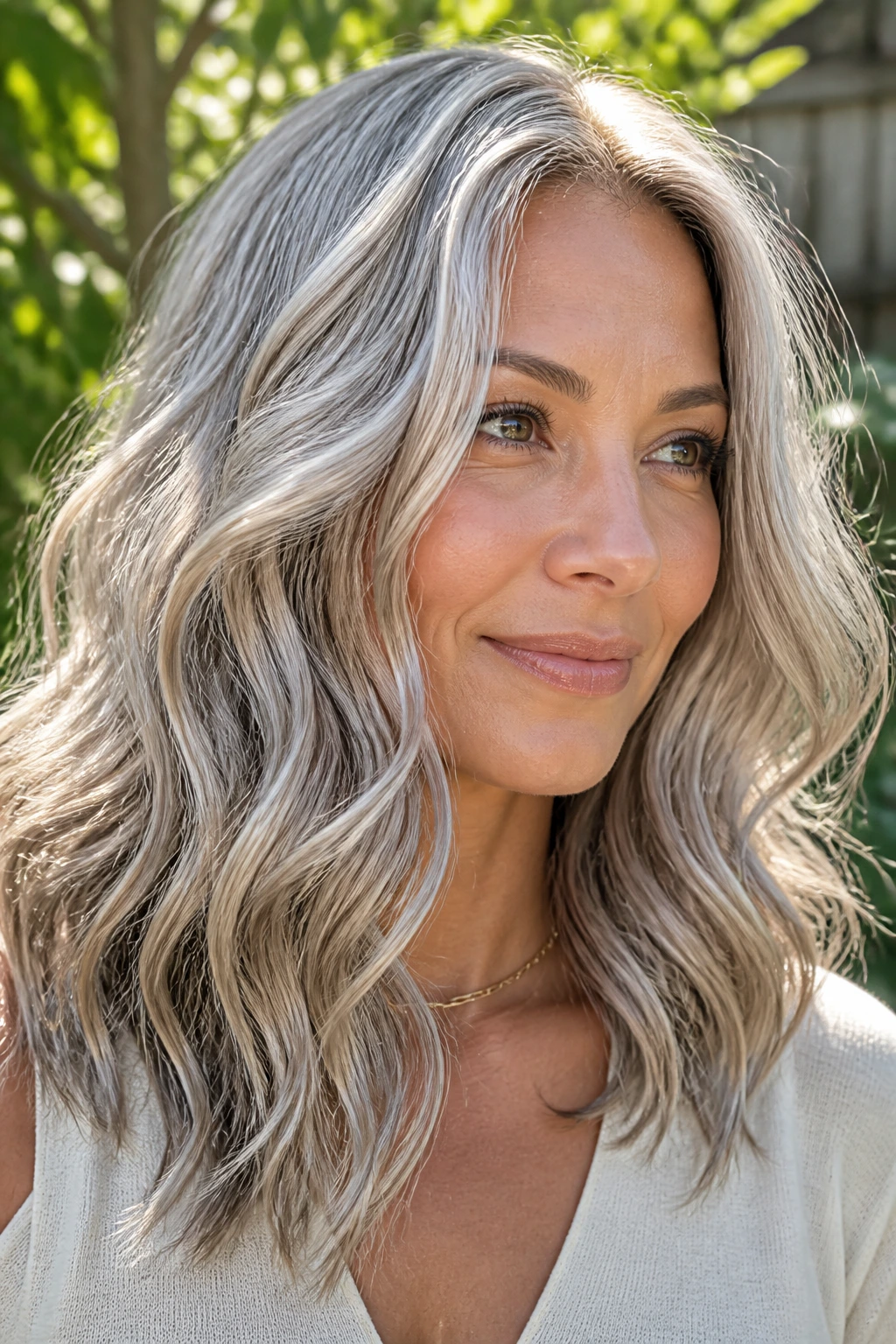 Portrait of a woman with soft chrome blonde gray hair and waves
