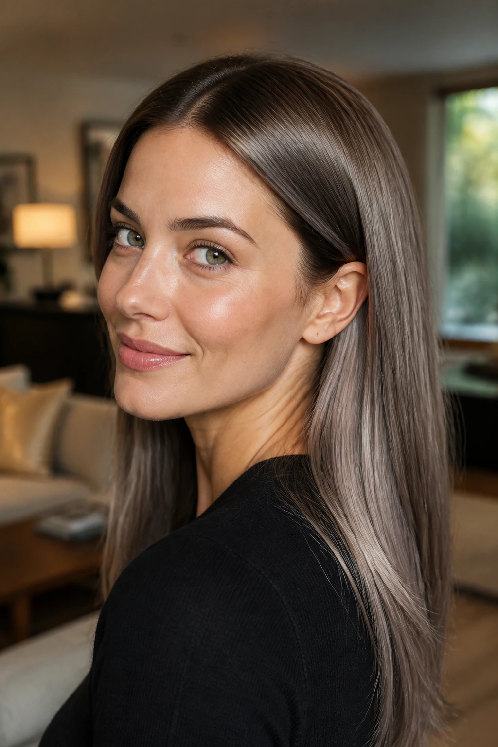 Real woman with soft chrome brunette glaze and mirror-like shine