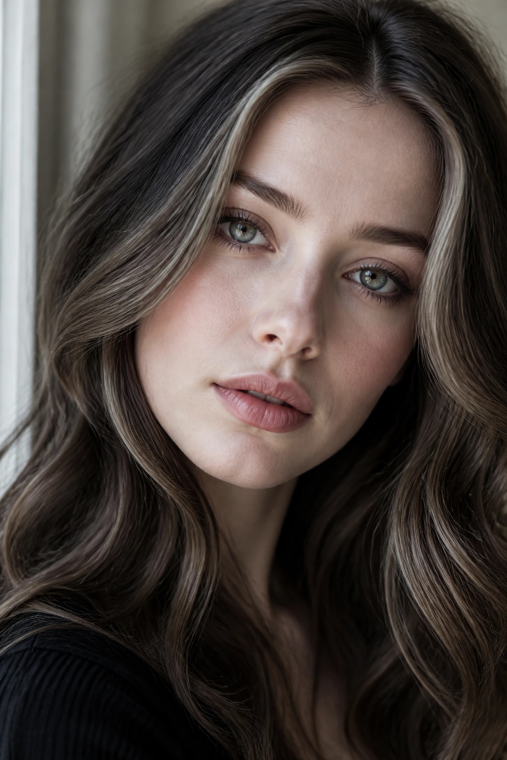 Close-up portrait showing soft cinder-brunette frame around porcelain skin