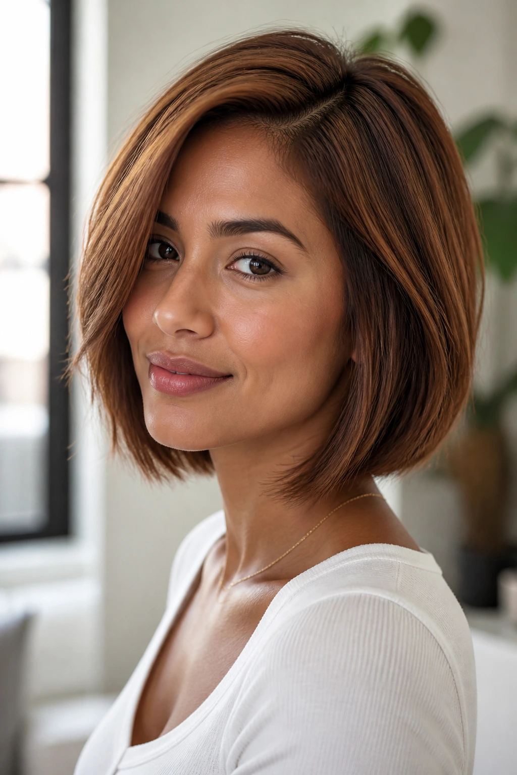 Close-up portrait of a real woman with cinnamon bob and side part