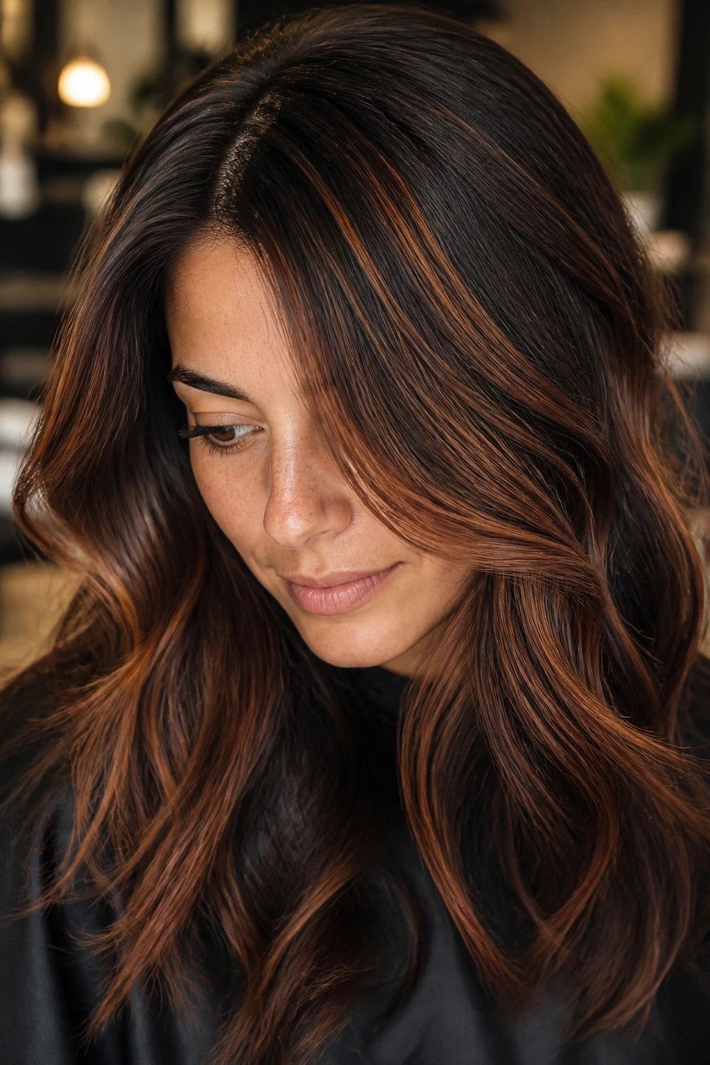 Portrait of dark hair with soft cinnamon ribbons