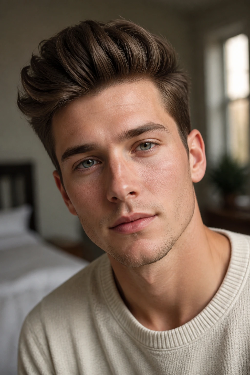 Close-up portrait of a real person with a soft classic quiff and gentle curved front.