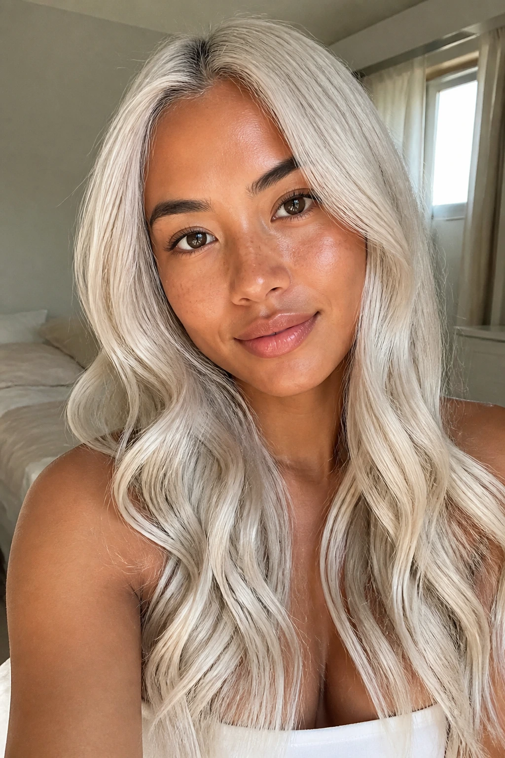 Close-up portrait of a real person with soft cloud blonde hair and tan skin