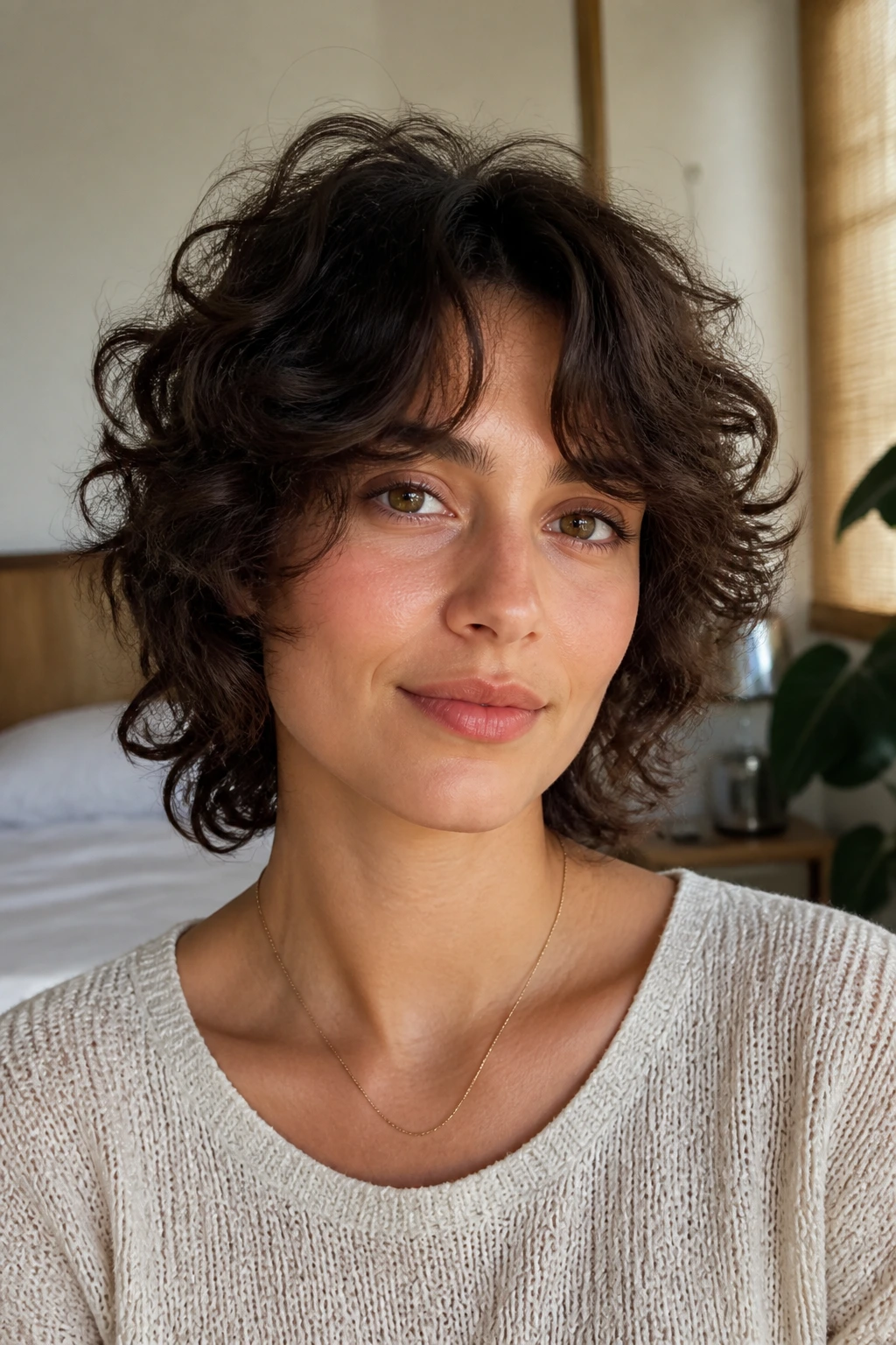 Close-up of a woman with soft cloud shag and cheekbone curtain bangs in natural light