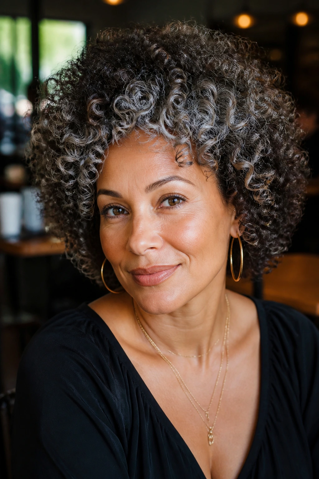 Close up of a real woman with soft coils and silver halo highlights on tan skin