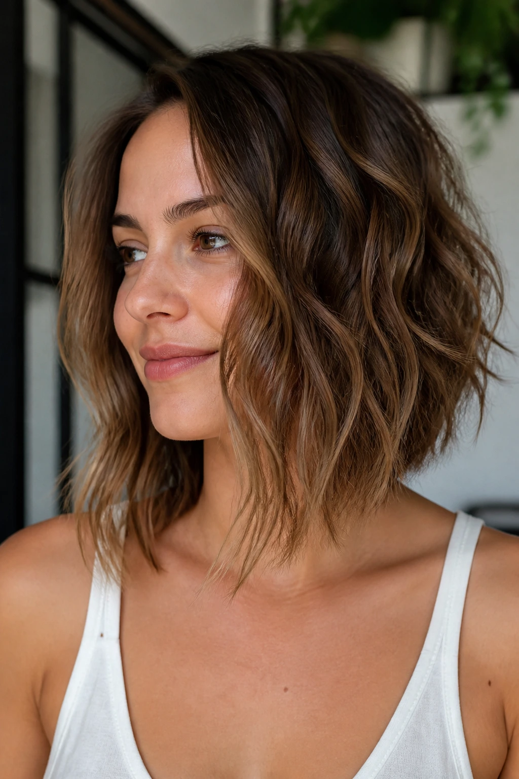Close-up of a real woman with soft collarbone-length A-line lob