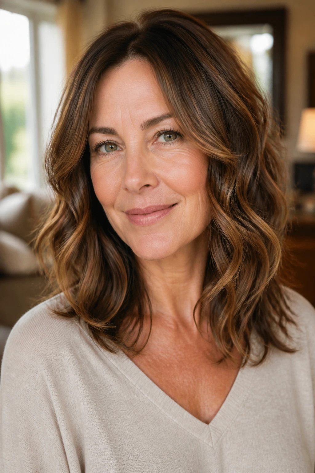 Portrait of a woman with collarbone-length soft layered hair and full ends