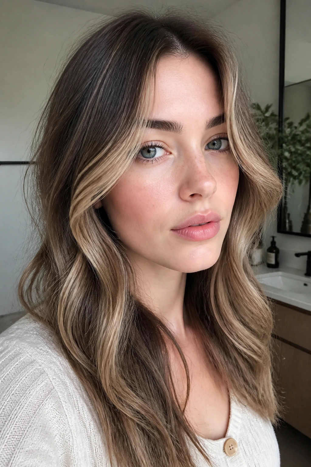 Close-up portrait showing subtle color adjustments with lighter ribbons around temples for pale skin.