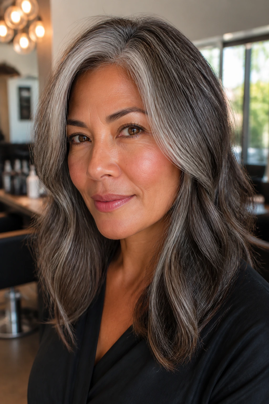 Close-up of a real woman with softly blended gray hair and subtle root shadow in warm salon light