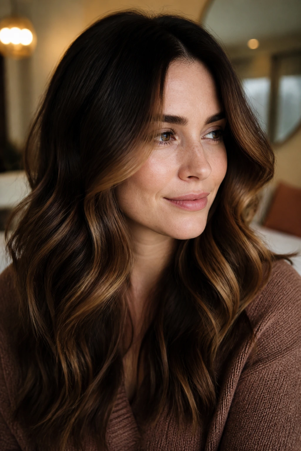 Close-up portrait of a real woman with soft, restrained dark brown caramel balayage framing the face.