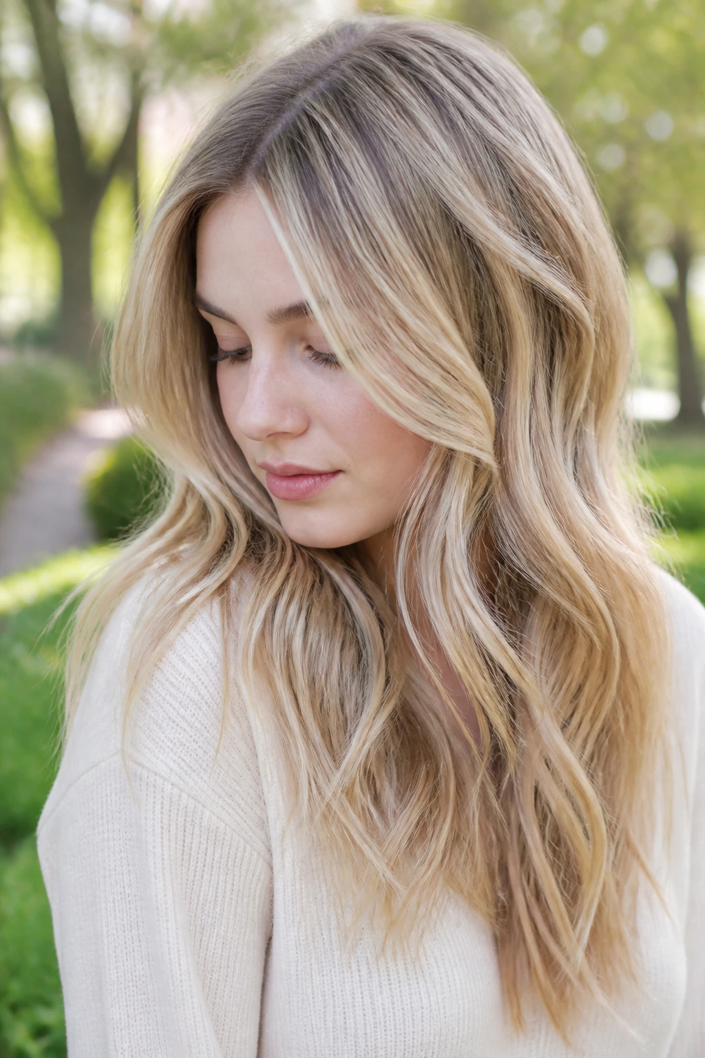 Portrait of a real woman with soft contrast blonde hair in a sunny outdoor setting.
