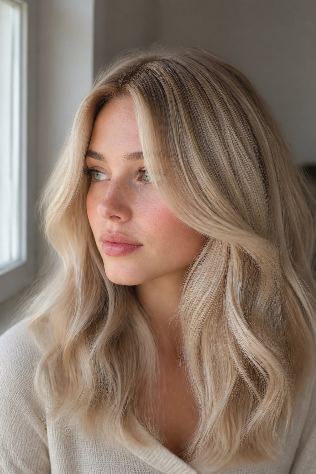 Portrait of blonde hair with soft contrast and beige lowlights