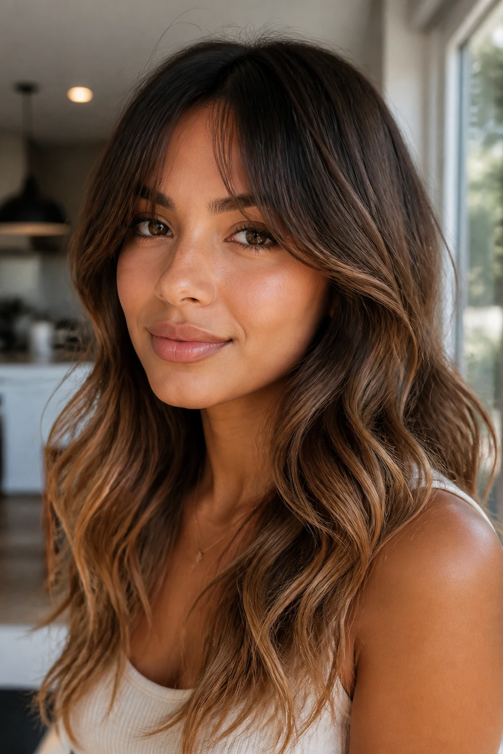 Close-up portrait of a real woman with soft brown ombre and curtain bangs in window light