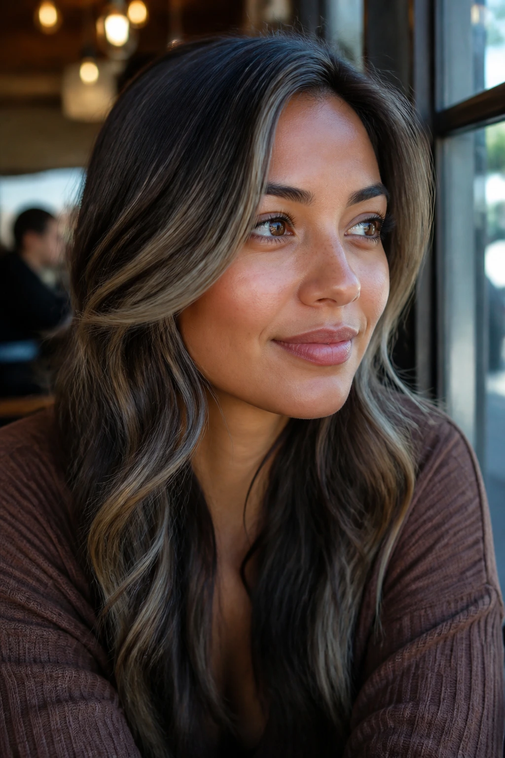 Close-up of a person with dark brown hair and mushroom-grey highlights in a soft contrast style
