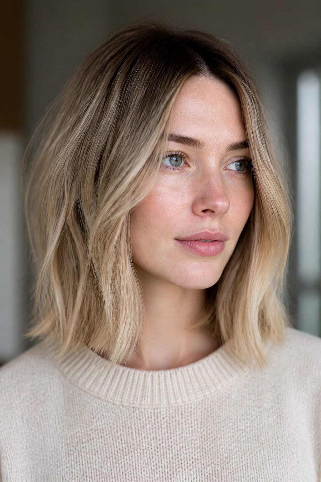Portrait of pale-skinned woman with beige-ash lob and soft contrast