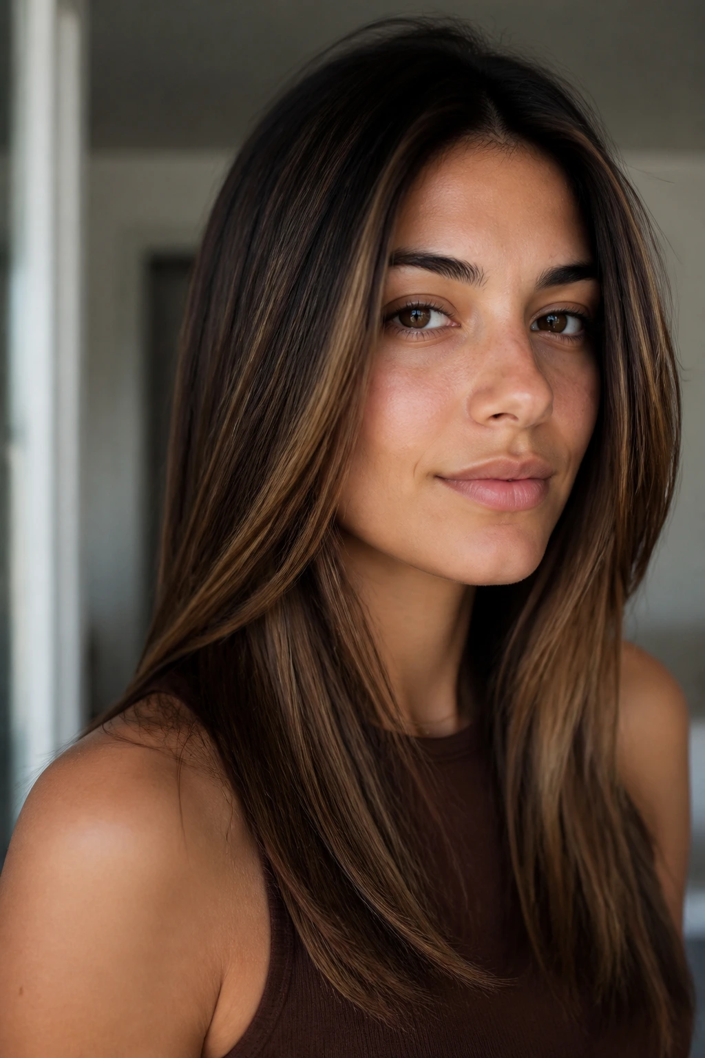 Portrait showing soft contrast brown highlights on hair.