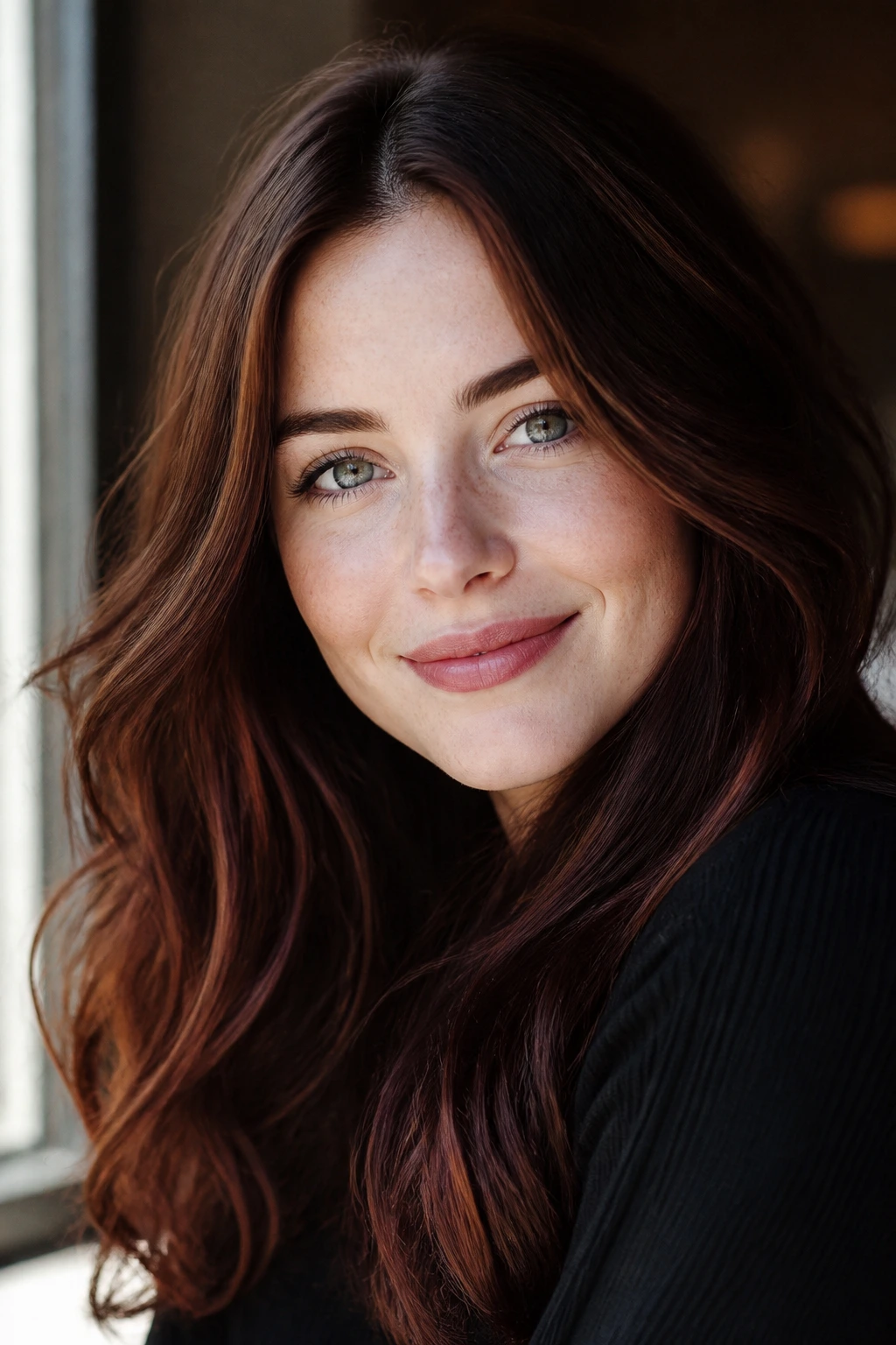 Portrait showing soft-contrast mahogany highlights framing the face