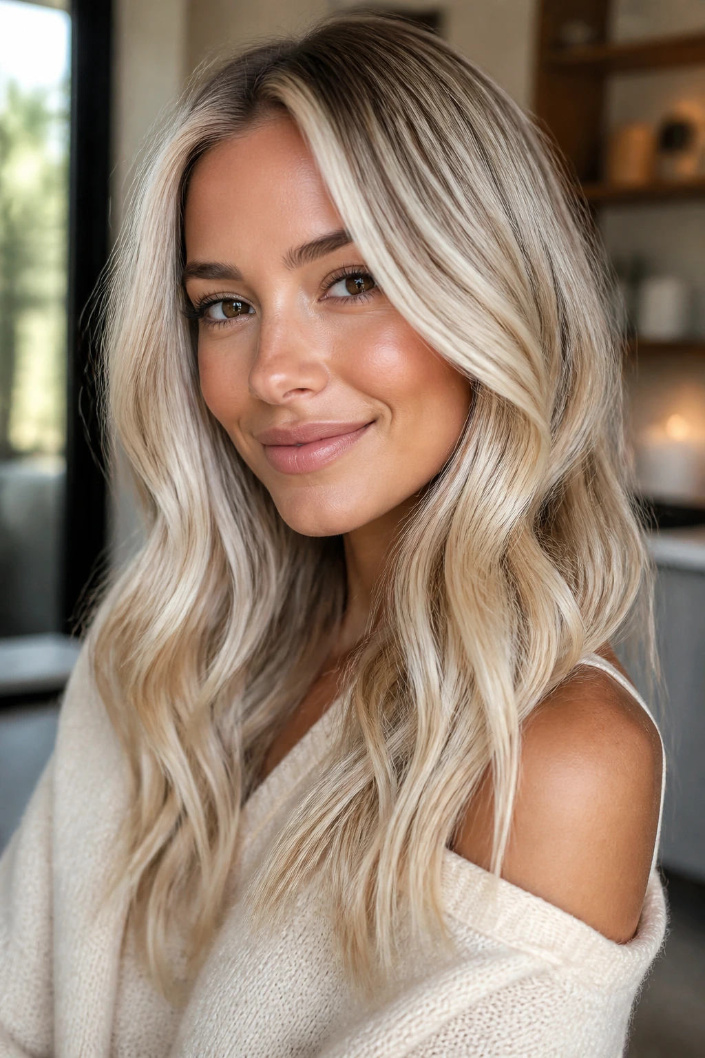 Close-up portrait of a person with platinum blonde hair and warm skin glowing softly