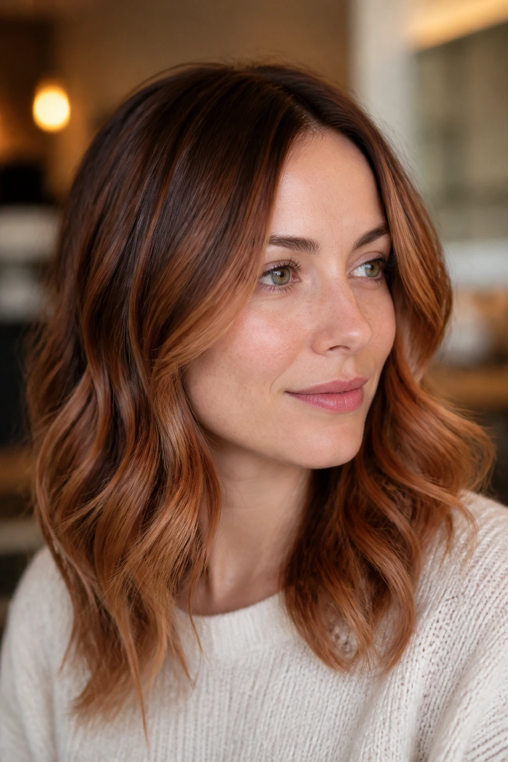 Close-up portrait of a woman with soft copper balayage around cheekbones