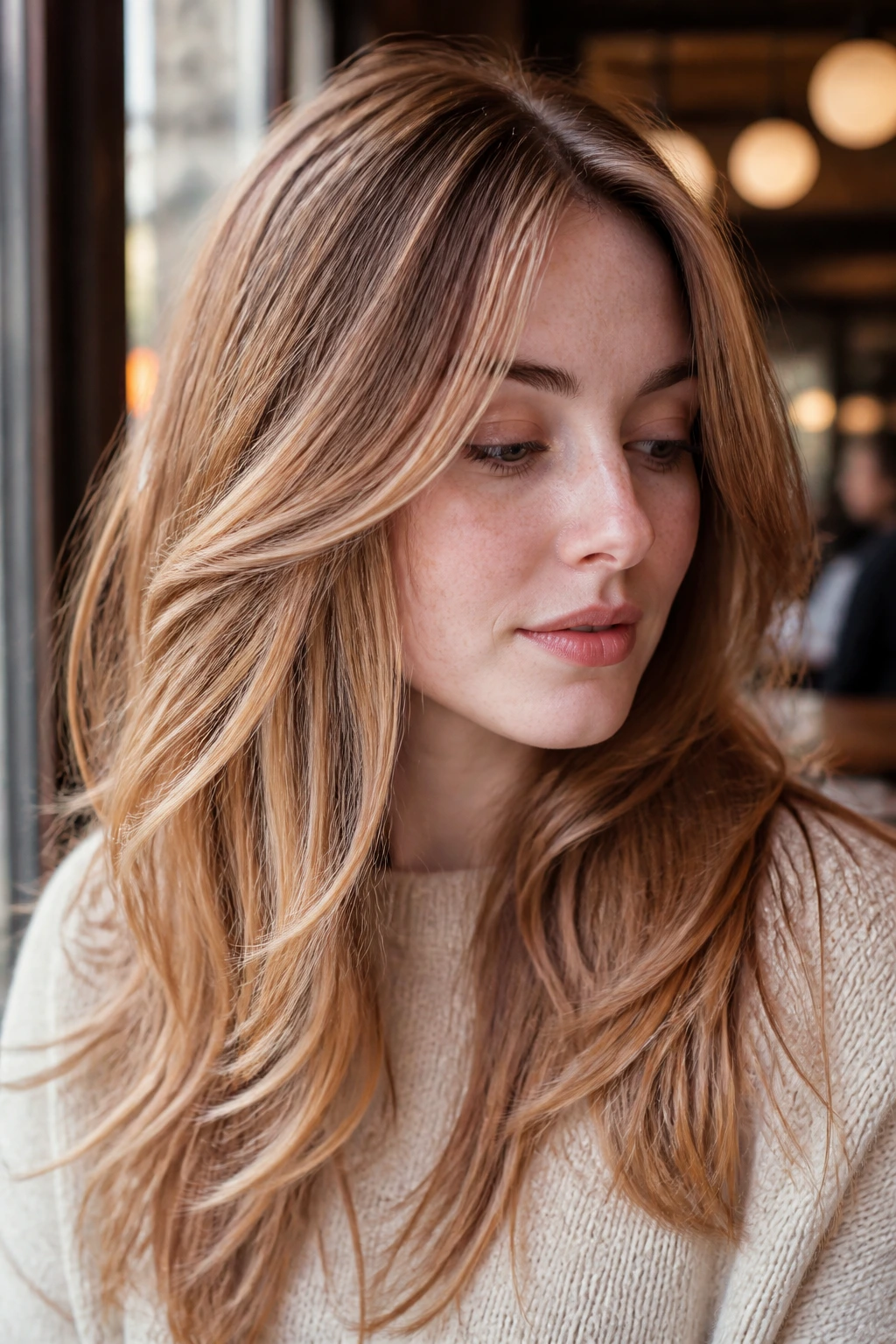 Close-up portrait of a real woman with copper-beige hair blend