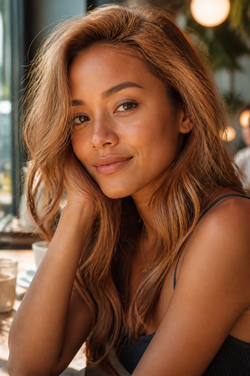 Close-up portrait of a person with soft copper blonde hair, warm glow.