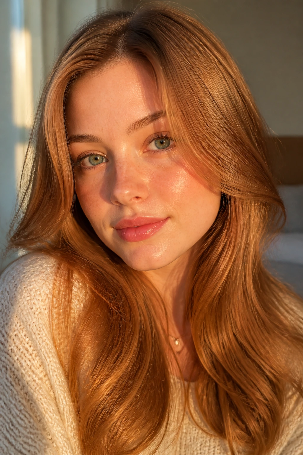 Real woman with soft copper-butterscotch highlights and peach undertones