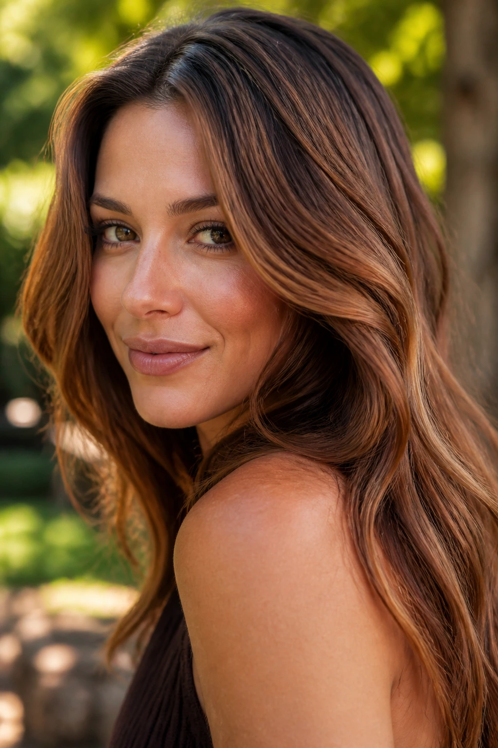Close-up of a real woman with copper caramel mocha hair in natural light