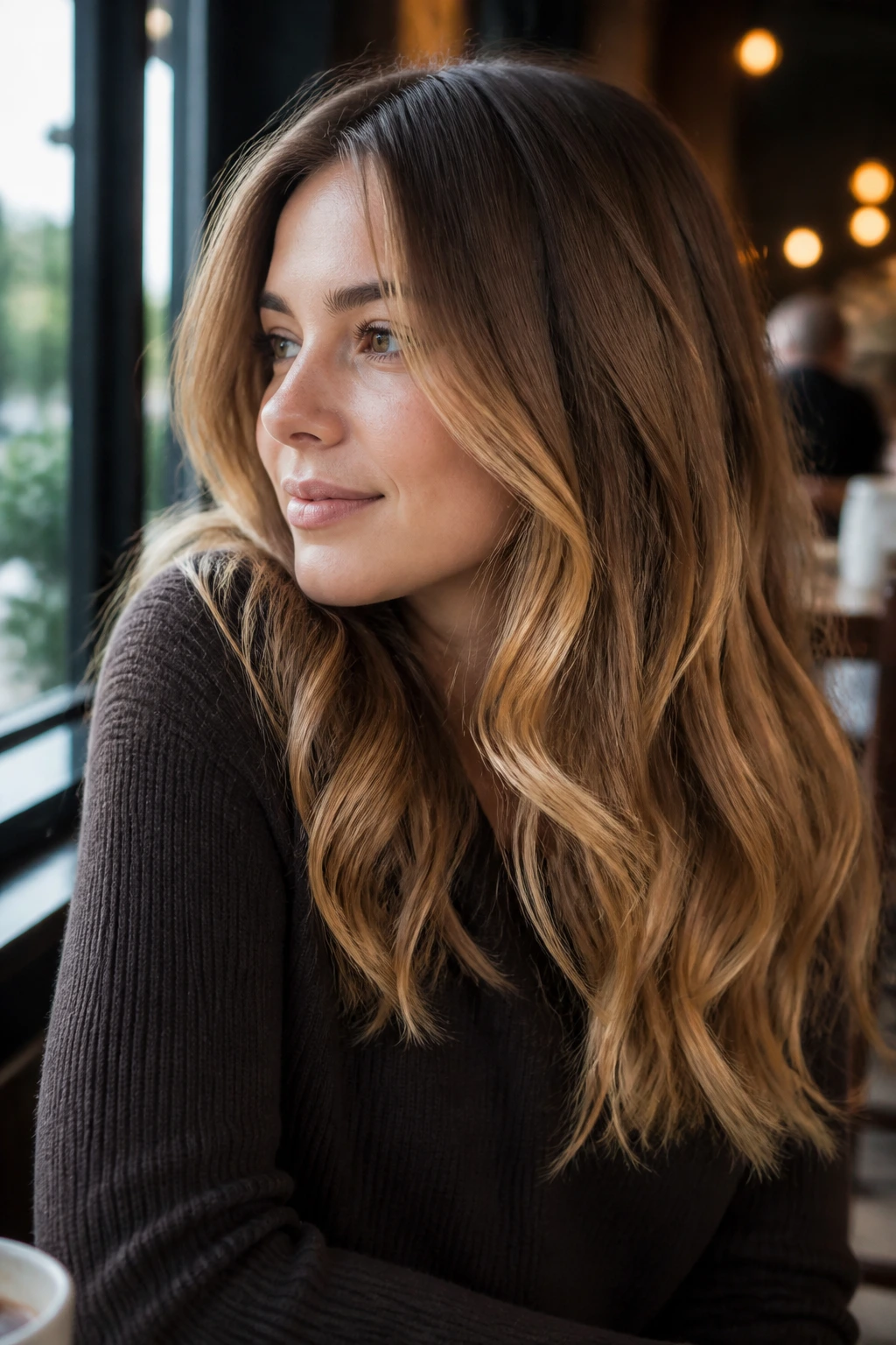 Portrait of a real woman with soft copper-infused dark blonde hair under warm cafe window light