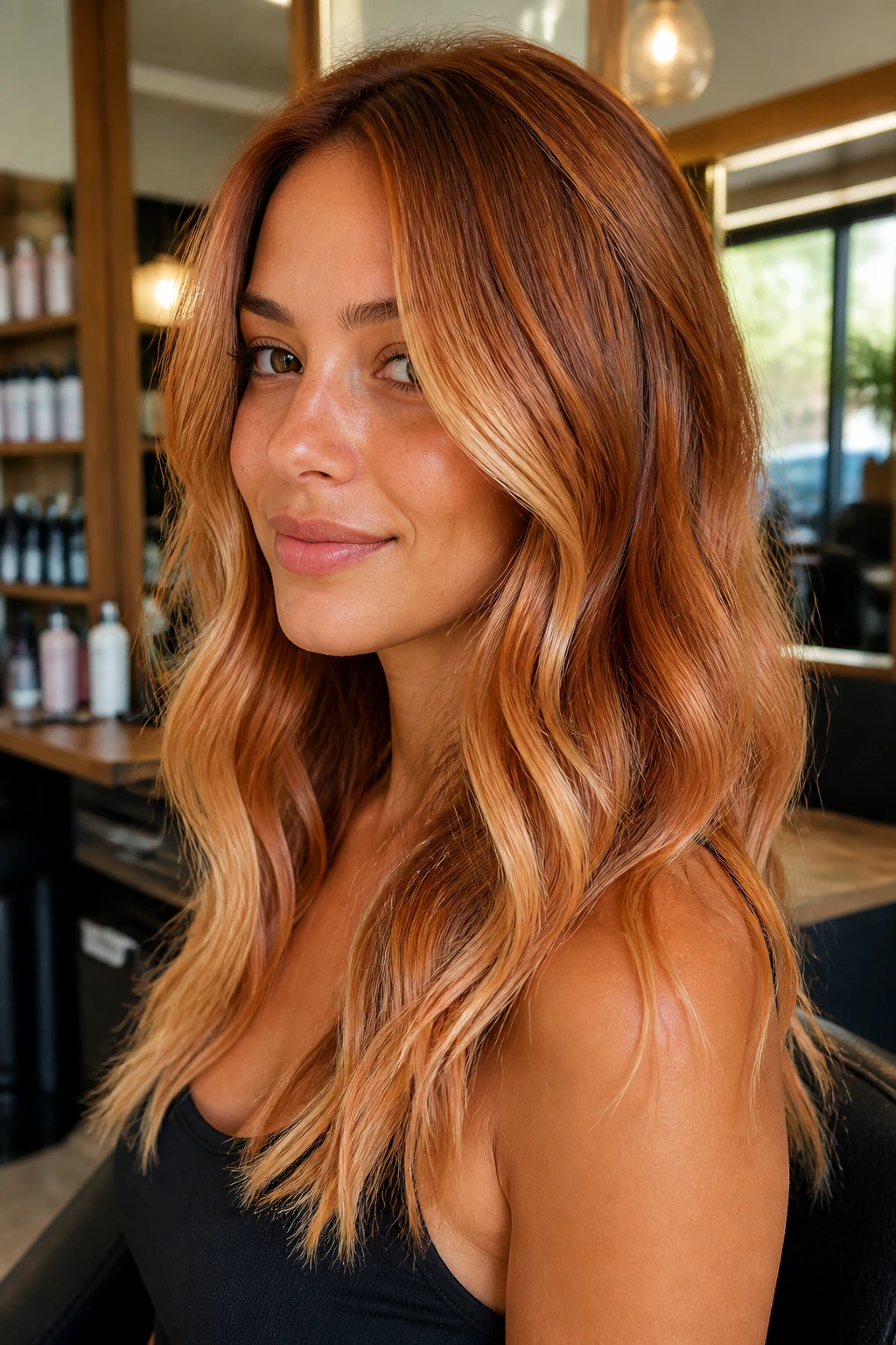 Close-up portrait of soft copper foilyage with brighter ends on a real person