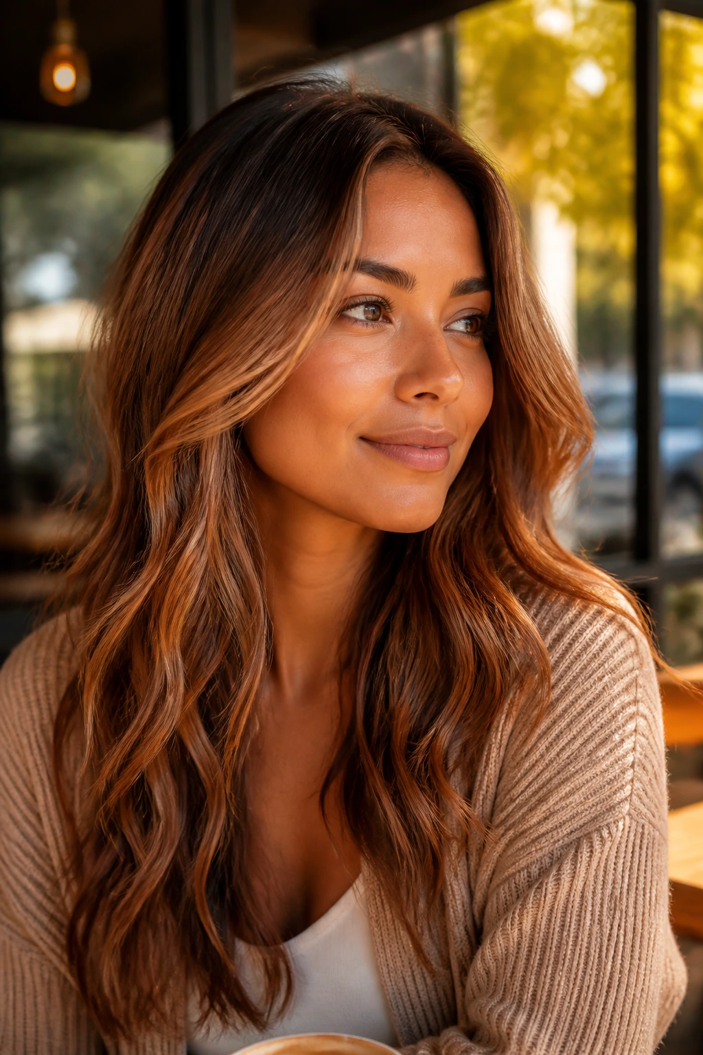 Real woman with soft copper-honey hair blend in warm natural light