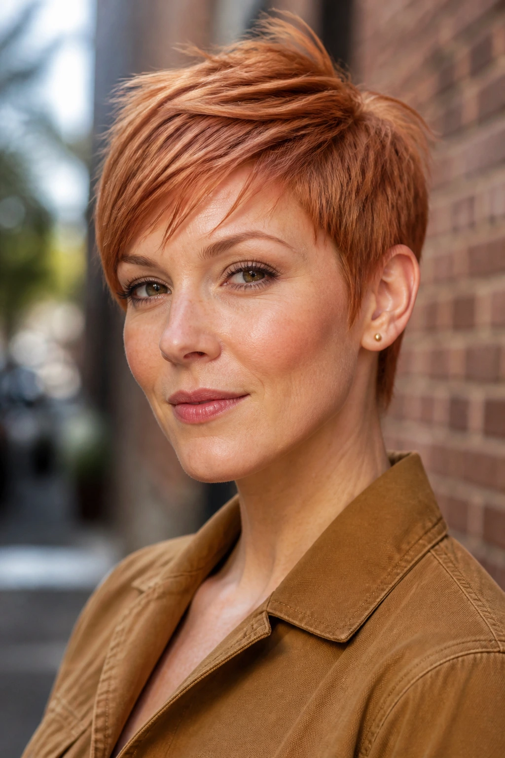 Portrait of a woman with a soft copper pixie haircut.