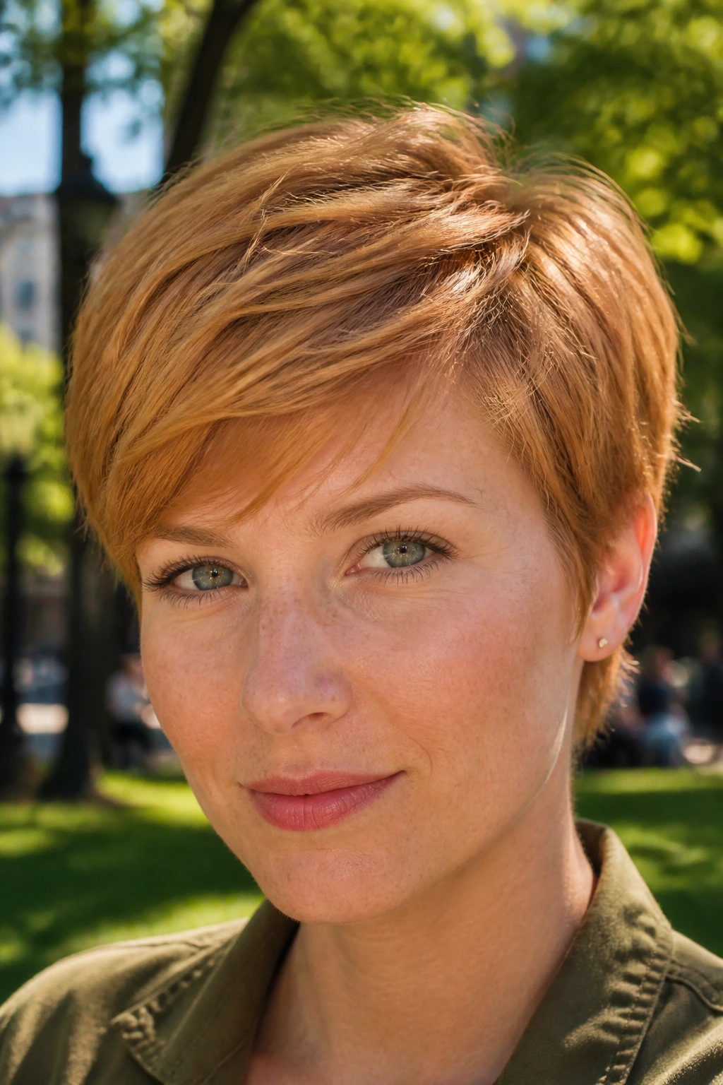 Close-up of a real woman with soft copper pixie in park light
